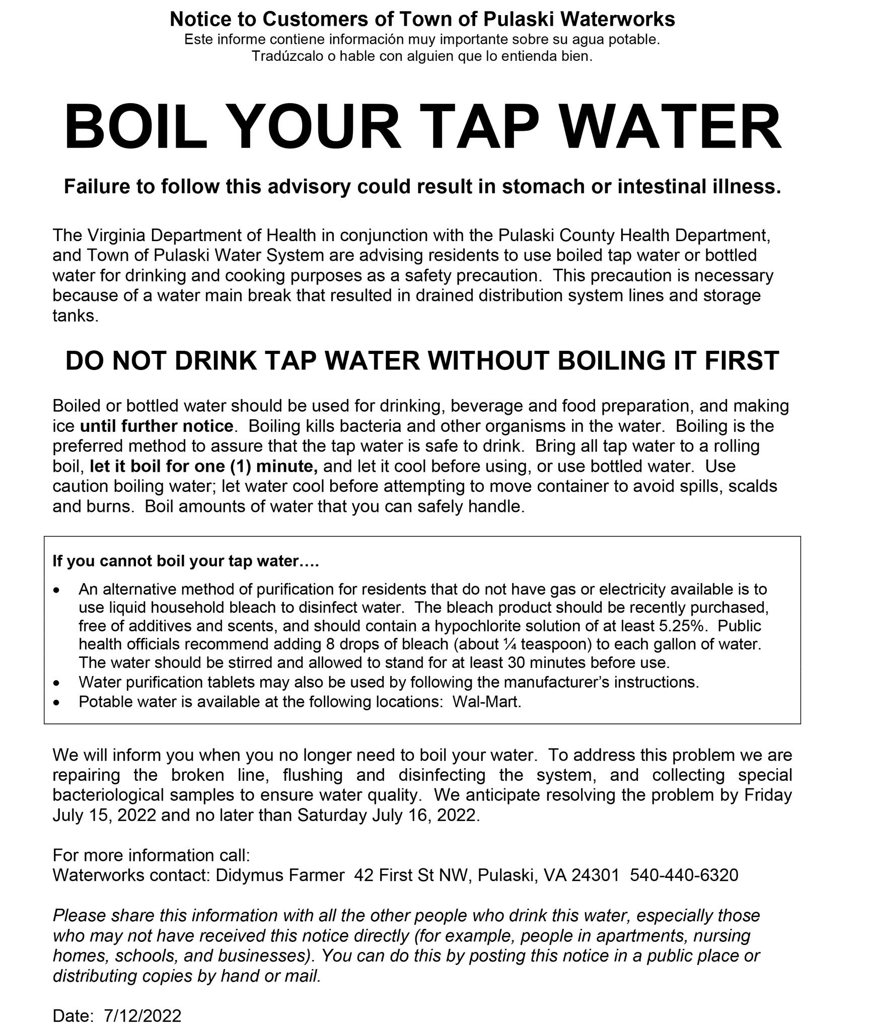 Boil Water Notice: Pulaski Residents Affected Until Saturday Boil Water Notice: Pulaski Residents Affected Until Saturday