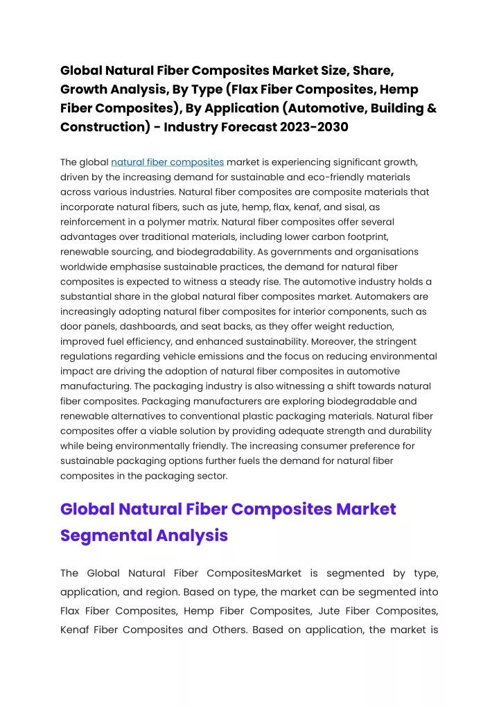 Comprehensive Analysis Of The Global Natural Fiber Composites Market To 2029 Comprehensive Analysis Of The Global Natural Fiber Composites Market To 2029
