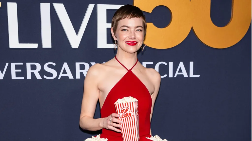 Emma Stone's Popcorn Dress: The Look That Defined The SNL 50th Anniversary Emma Stone's Popcorn Dress: The Look That Defined The SNL 50th Anniversary