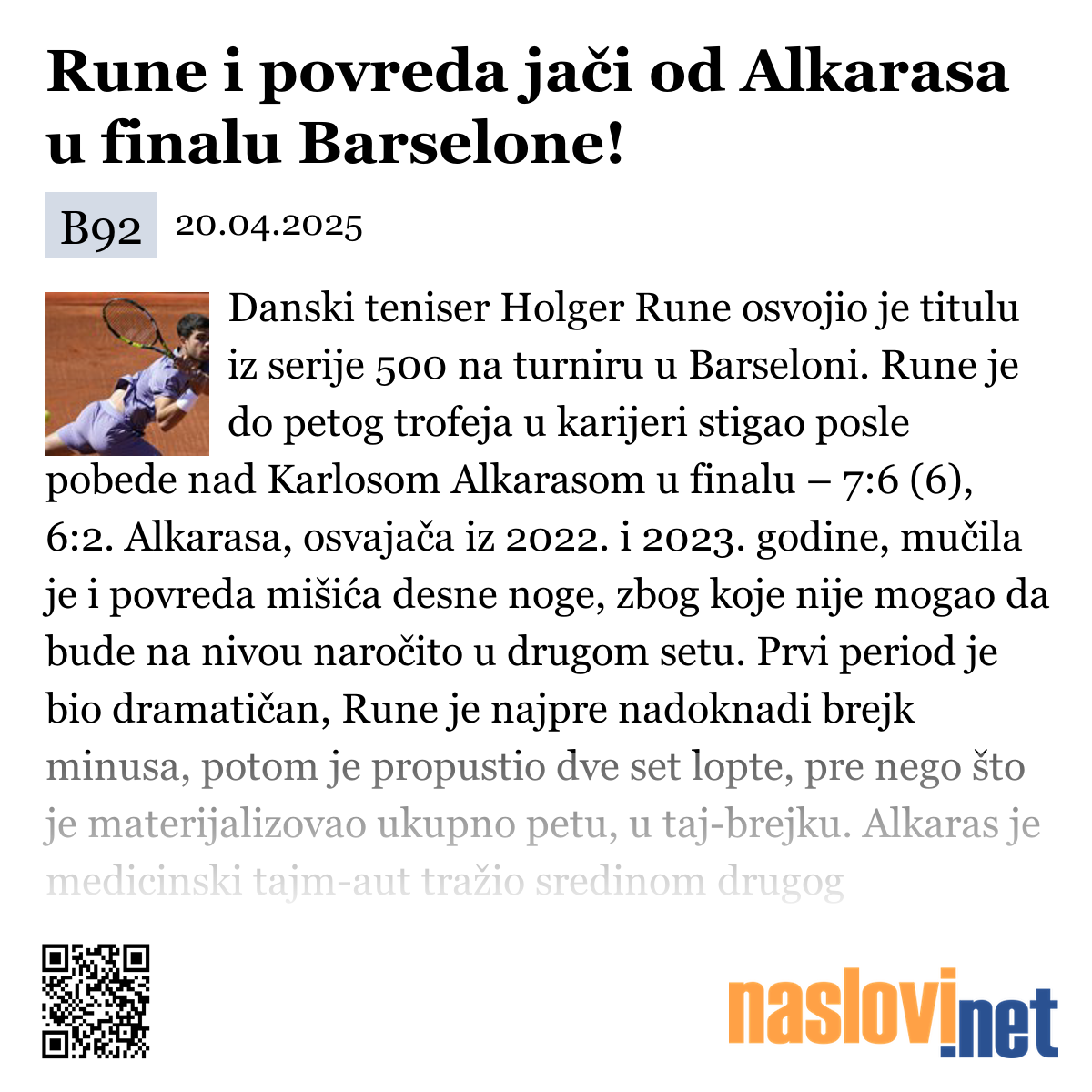 Iznenađenje U Barseloni: Rune Pobeđuje Povređenog Alkarasa Iznenađenje U Barseloni: Rune Pobeđuje Povređenog Alkarasa